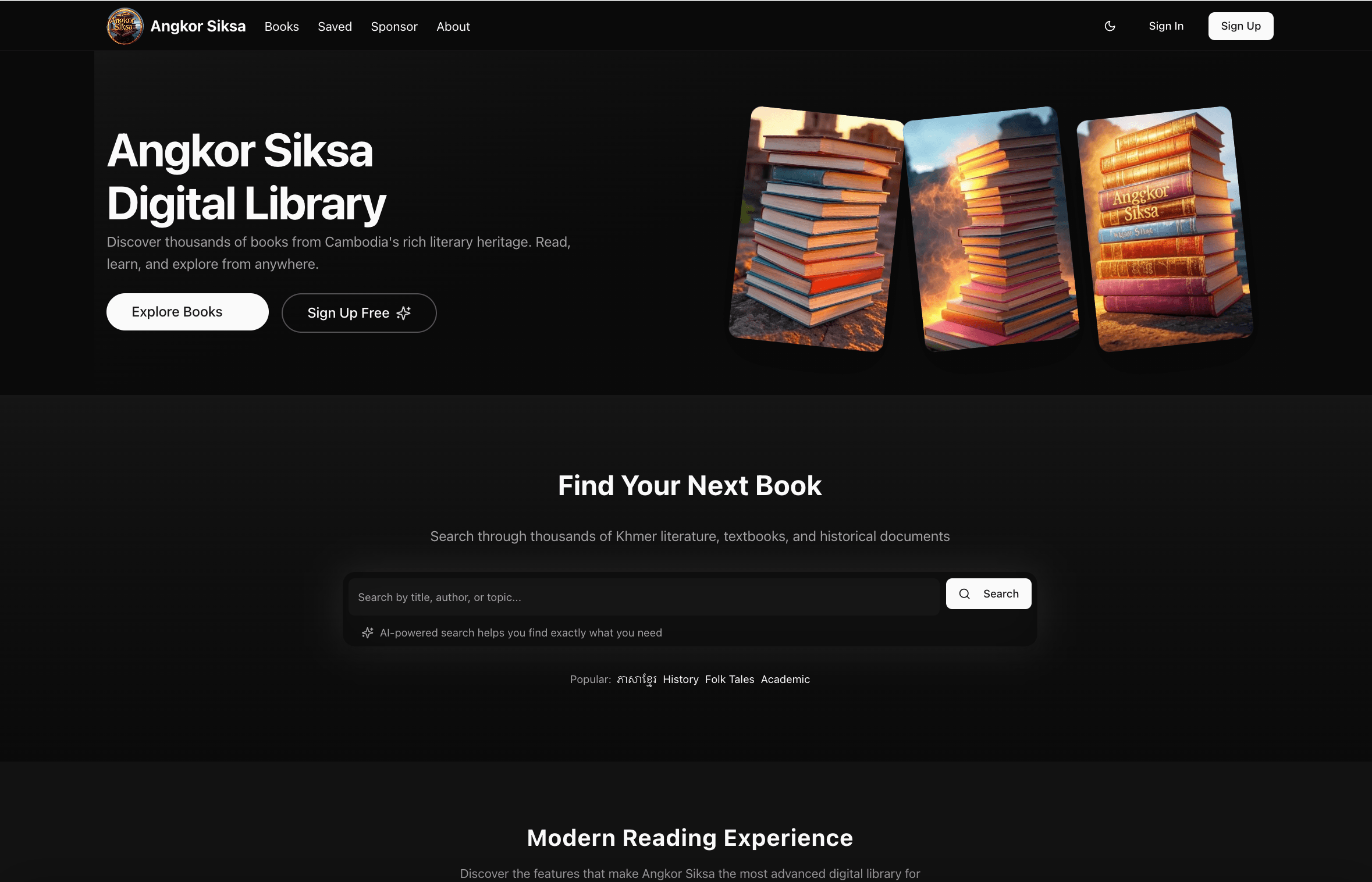 Angkor Siksa - E-Library - Angkor Siksa is an e-library website that allows users to read books online from anywhere and it als... | Developed by Sopheap Om using Next.js, Express.js, DynamoDB, Serverless, TypeScript, Shadcn UI